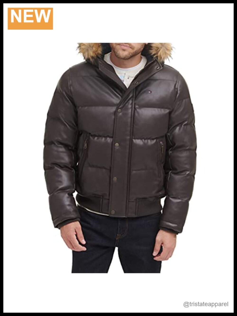 Lightweight Quilted Faux Leather Puffer Jacket, Long Sleeve, Zip